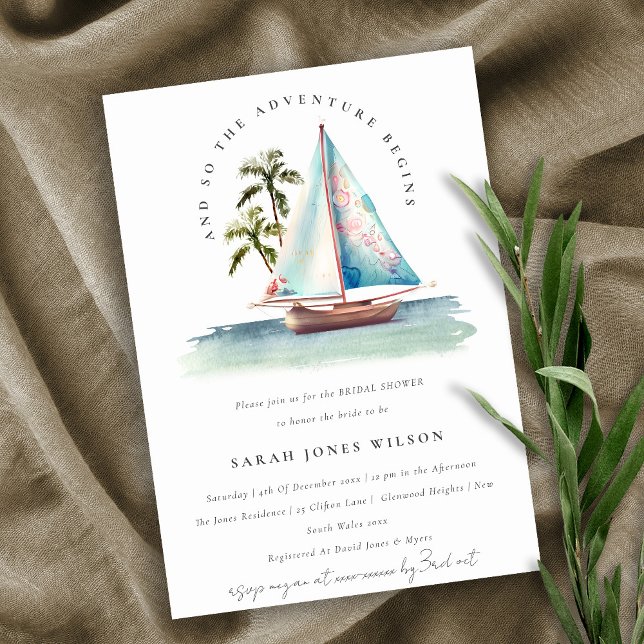 Invitation Dusky Turquoise Sailboat Palm Fête des mariées de  (Créateur téléchargé)