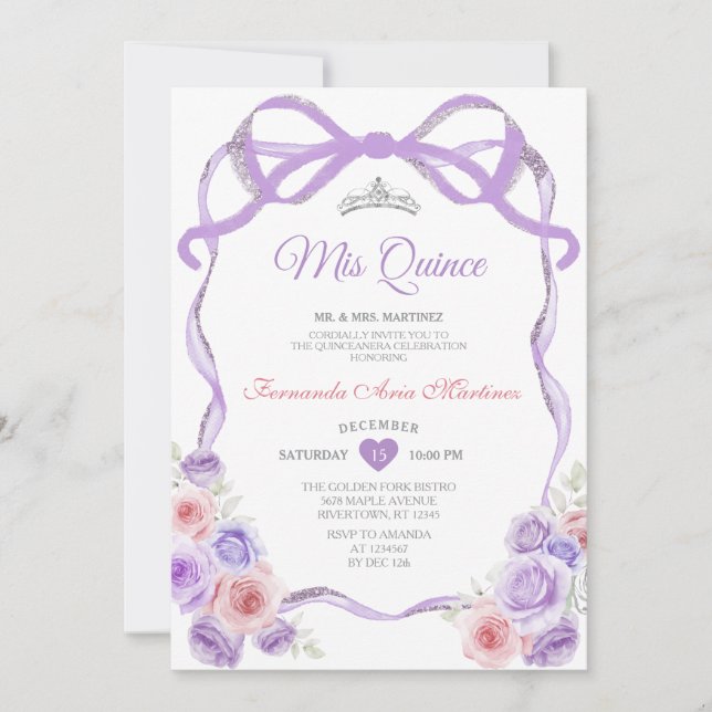 Invitation Dustère violet rose Floral Bow Argent Mis Quince (Devant)