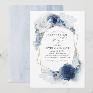 Invitation Dusty and Navy Blue Floral Ombre Graduation