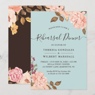Invitation Dusty Aqua Blue Blush Floral Rehearer Dîner
