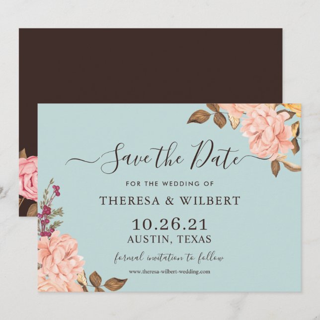 Invitation Dusty Aqua Blue Blush Floral Wedding Enregistrer l (Devant / Derrière)