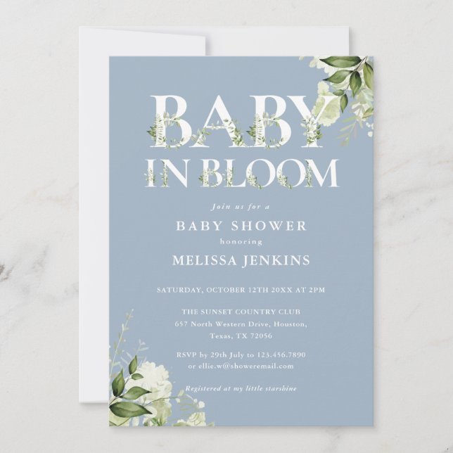 Invitation Dusty Bébé Bleu En Fleur Baby shower Photo Floral (Devant)