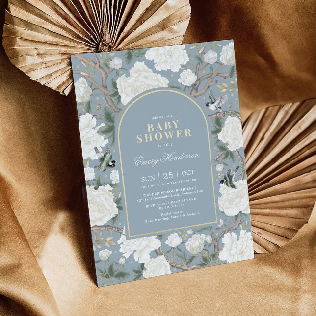 Invitation Dusty Bleu Blanc Chinoiserie Baby shower Floral (Créateur téléchargé)
