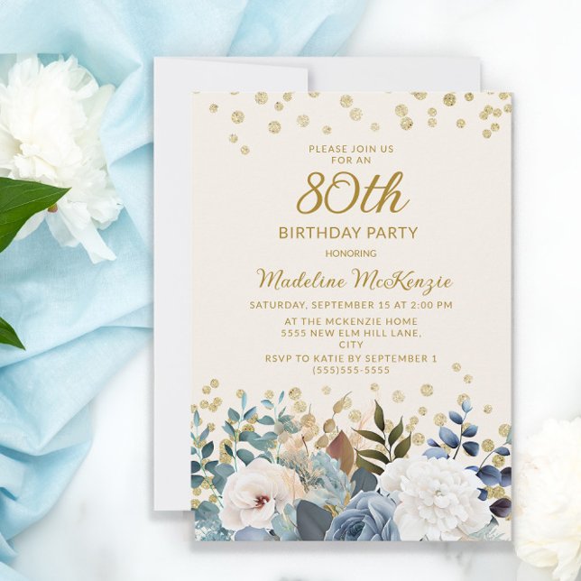 Invitation Dusty Bleu Blanc Floral Or 80e anniversaire (Créateur téléchargé)