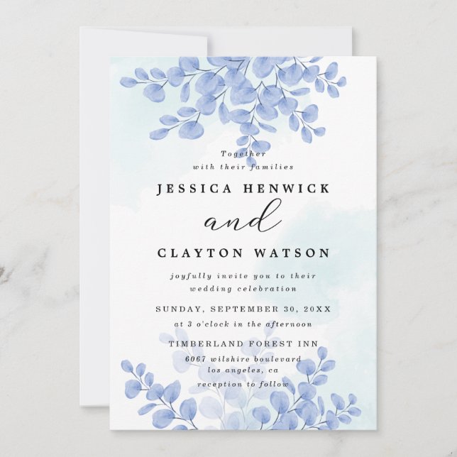 Invitation Dusty Bleu Botanique Eucalyptus Mariage Feuille (Devant)