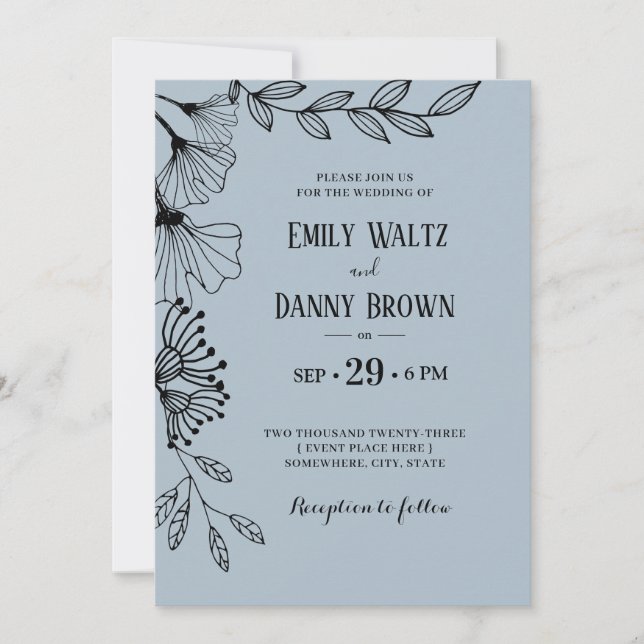 Invitation Dusty Bleu Botanique Simple Doodle Mariage Floral (Devant)