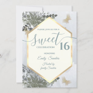 Invitation Dusty bleu Chic aquarelle vert eucalyptus