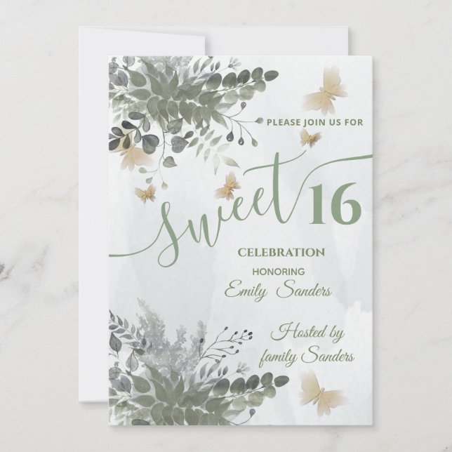 Invitation Dusty bleu Chic aquarelle vert eucalyptus (Devant)