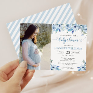 Invitation Dusty bleu fleuri bébé garçon douche photo invitat