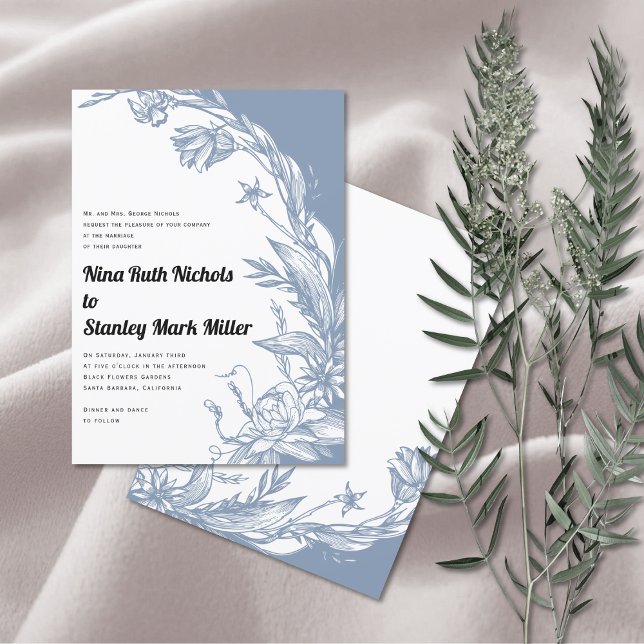 Invitation Dusty bleu fleurs typographie mariage floral (Créateur téléchargé)