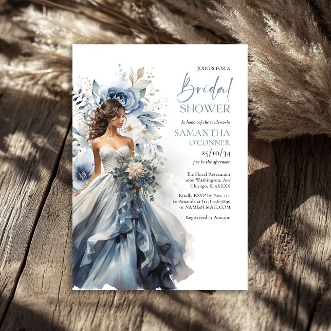 Invitation Dusty bleu floral sauge eucalyptus mariage (Dusty blue floral sage eucalyptus wedding gown invitation)