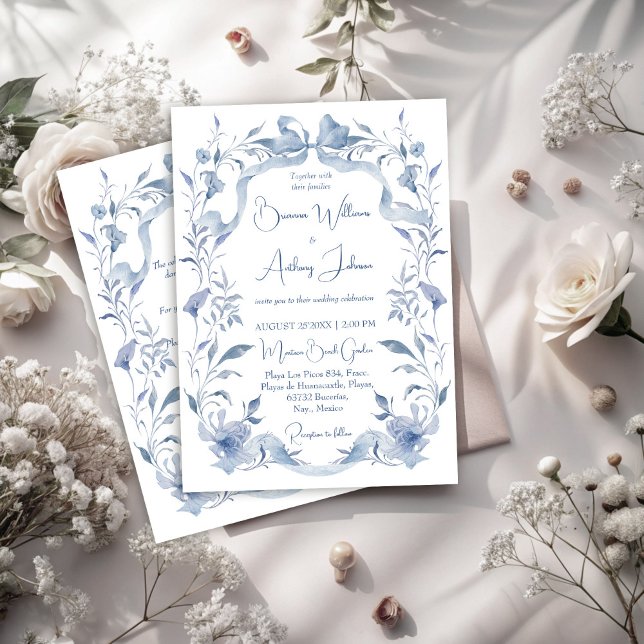 Invitation Dusty bleu floral vert ruban élégant mariage (Dusty blue floral greenery ribbon elegant wedding invitation cards with RSVP)