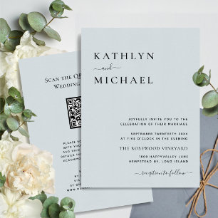Invitation Dusty bleu moderne QR Code tout en un Mariage