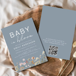 Invitation Dusty Bleu QR Code Fleur sauvage Baby in Bloom Dou
