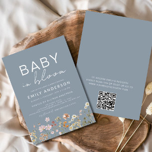 Invitation Dusty Bleu QR Code Fleur sauvage Baby in Bloom Dou
