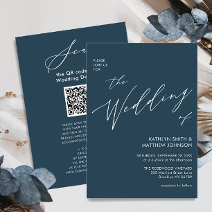 Invitation Dusty bleu QR Code tout en un minimaliste Mariage