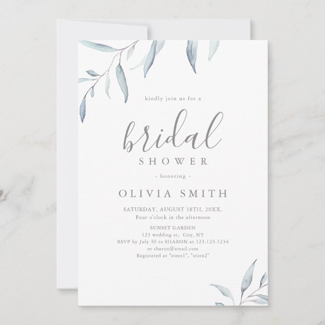 Invitation Dusty bleu verdure minimale rustique douche nuptia (Devant)