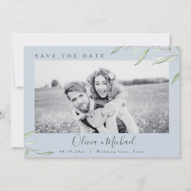 Invitation Dusty bleu verdure photo mariage enregistrer la da (Devant)