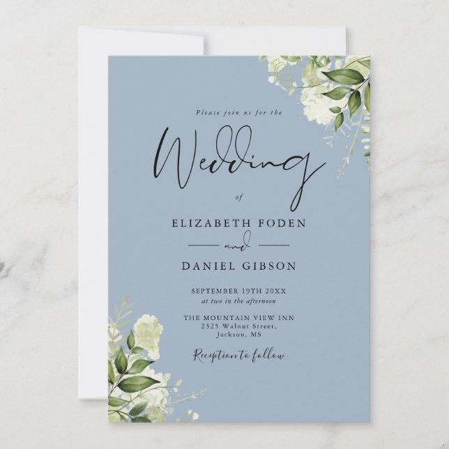 Invitation Dusty Bleu Vert Feuille Moderne Monogramme Mariage (Devant)