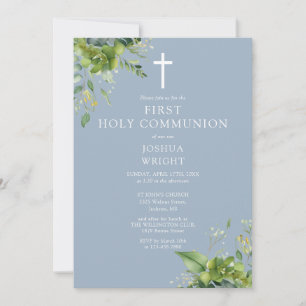 Invitation Dusty Bleu Vert Monogramme Première Communion Sain