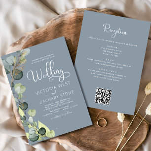 Invitation Dusty Blue All in One Eucalyptus QR Code Mariage