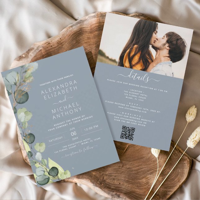 Invitation Dusty Blue All in One Eucalyptus QR Code Mariage (Créateur téléchargé)