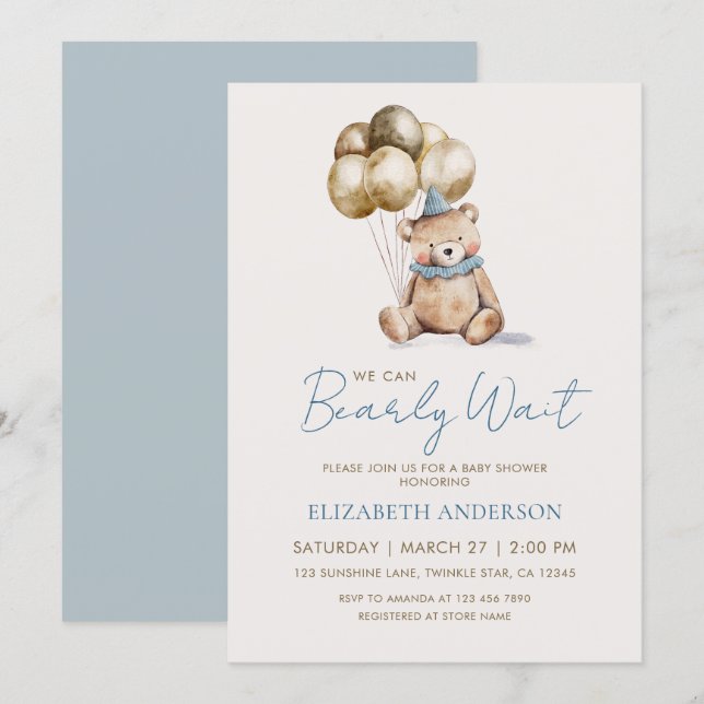Invitation Dusty Blue and Gold Bearly Wait Bear Baby Shower (Devant / Derrière)