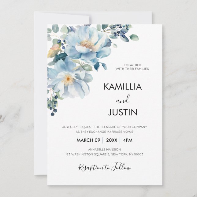 Invitation Dusty Blue and Gold Elegant Floral Rustic Wedding  (Devant)