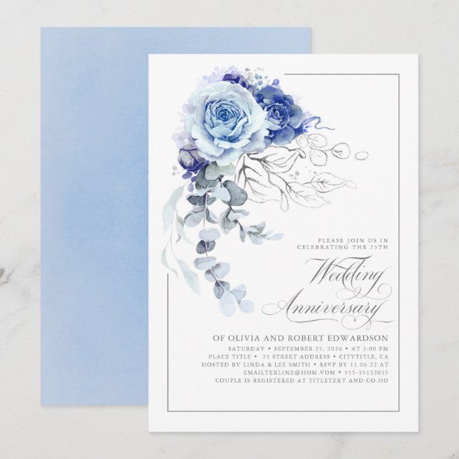 Invitation Dusty Blue and Silver Floral Wedding Anniversary (Devant / Derrière)