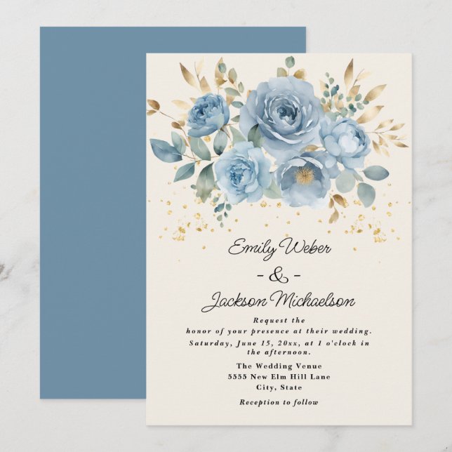 Invitation Dusty Blue Aquarelle Floral Feuille or Mariage (Devant / Derrière)