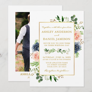 Invitation Dusty Blue Aquarelle Rose Photo Mariage or
