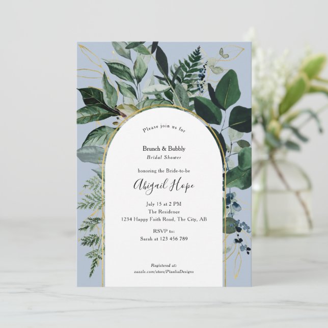 Invitation Dusty BLue Aquarelle Verdure Déjeuner nuptial (Debout devant)