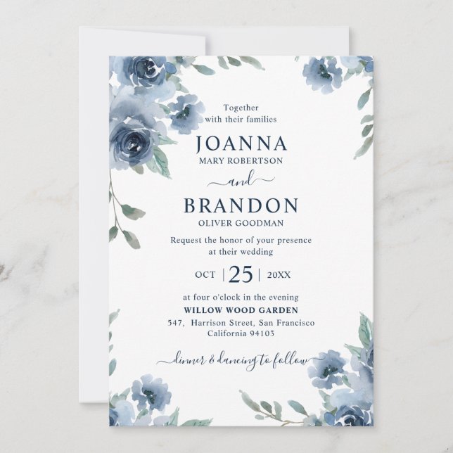 Invitation Dusty Blue Ardoise Floral Botanique Chic Mariage (Devant)