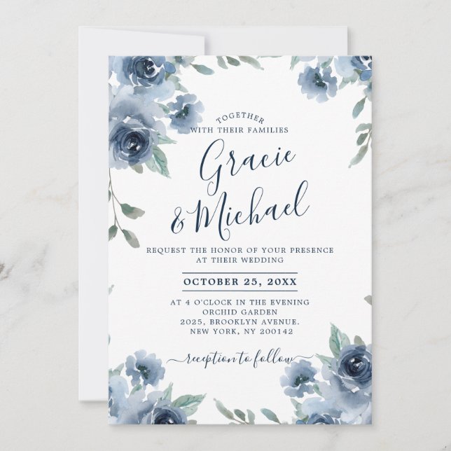 Invitation Dusty Blue Ardoise Floral Botanique Chic Mariage (Devant)
