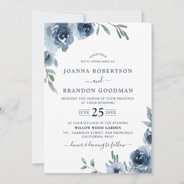 Invitation Dusty Blue Ardoise Floral Botanique Chic Mariage (Devant)