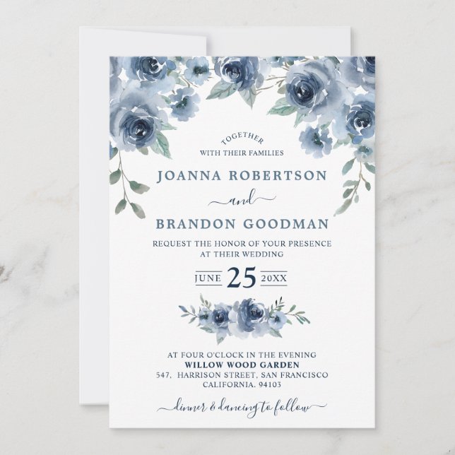 Invitation Dusty Blue Ardoise Floral Botanique Chic Mariage (Devant)