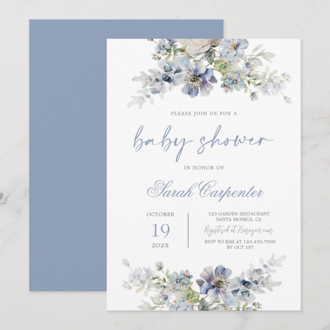 Invitation Dusty Blue Baby shower Boy (Devant / Derrière)