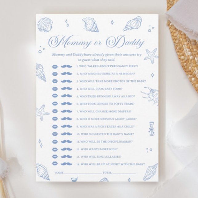 Invitation Dusty Blue Beach Baby shower Devinez Qui Game Card (Créateur téléchargé)