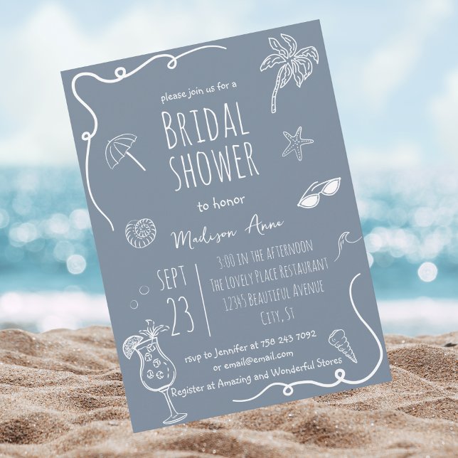 Invitation Dusty Blue Beach Doodles Bridal Shower (Créateur téléchargé)