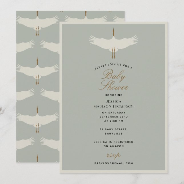 Invitation Dusty Blue Birds Swans Baby shower Art Déco (Devant / Derrière)