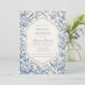 Invitation Dusty Blue Blanc Chinoiserie Floral Mariage Shower