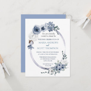 Invitation Dusty Blue Blanc Floral Oval Frame Mariage