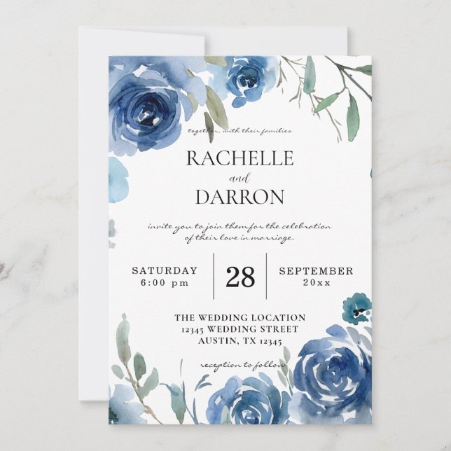 Invitation Dusty Blue & Blue Floral Mariage V2 (Devant)