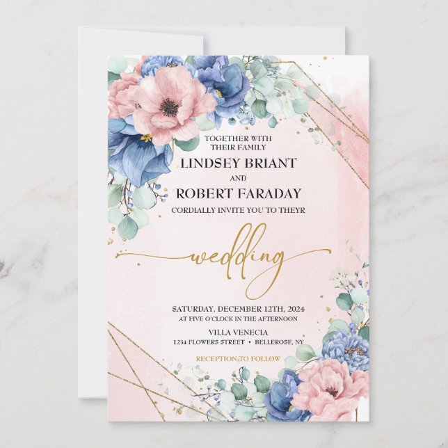 Invitation Dusty Blue Blush et Mariage or (Devant)