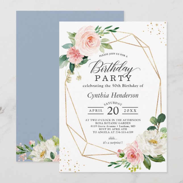Invitation Dusty Blue Blush Floral Géométrique fête d'anniver (Devant / Derrière)