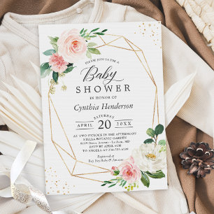 Invitation Dusty Blue Blush Floral Gold Baby shower géométriq
