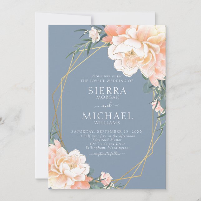Invitation Dusty Blue Blush Peach Gold Floral Mariage (Devant)