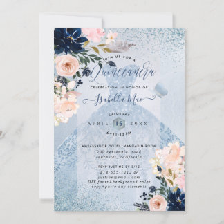 Invitation Dusty Blue+Blush Rose Parties scintillant Gown Qui