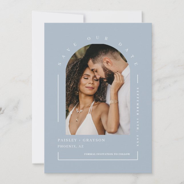 Invitation Dusty Blue Boho Arch Photo QR Code Enregistrer not (Devant)