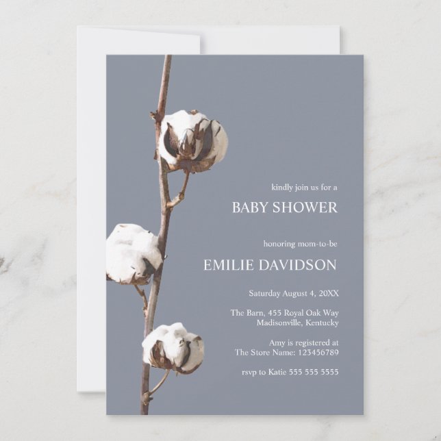 Invitation Dusty Blue Boho Cotton Floral Boy Baby shower (Devant)